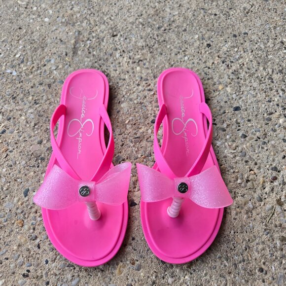 Jessica Simpson Glam Hot Pink Bow Barbiecore Sandals Jelly Flip Flops - Picture 1 of 4